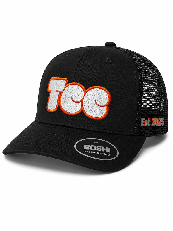 TCC Trucker Cap – Black / Orange Outline Bubble Logo
