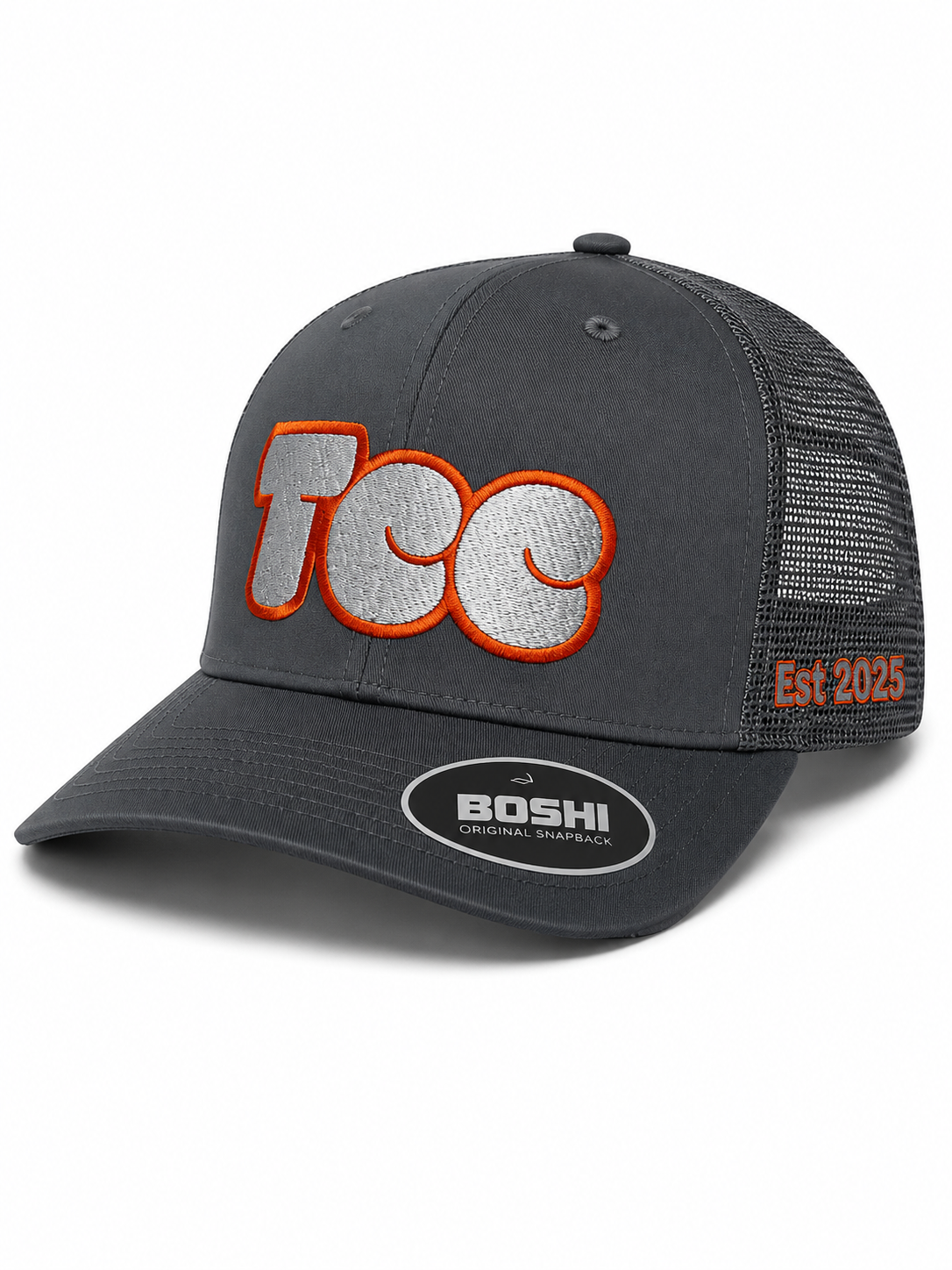 TCC Trucker Cap – Grey / Orange Outline Bubble Logo