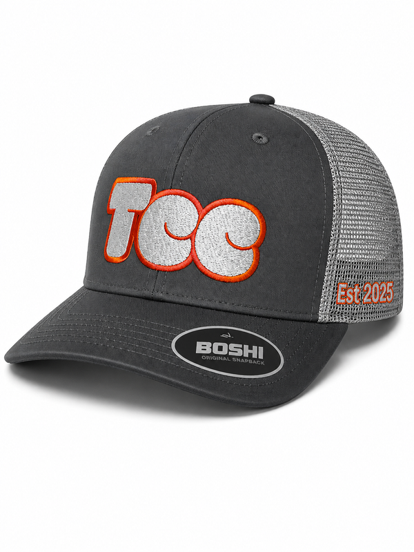 TCC Trucker Cap – Charcoal / Orange Outline Bubble Logo