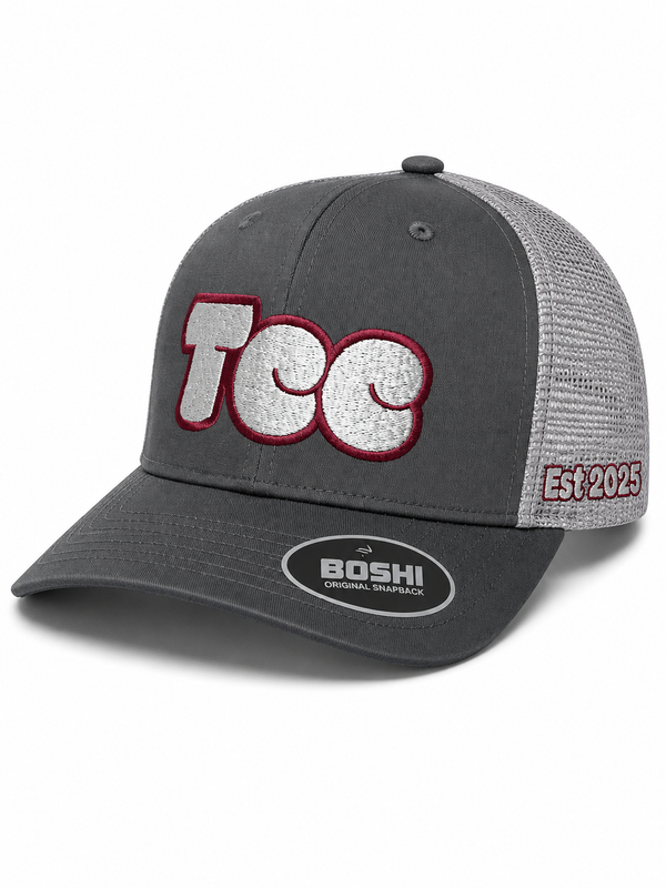 TCC Trucker Cap – Grey / Red Outline Bubble Logo