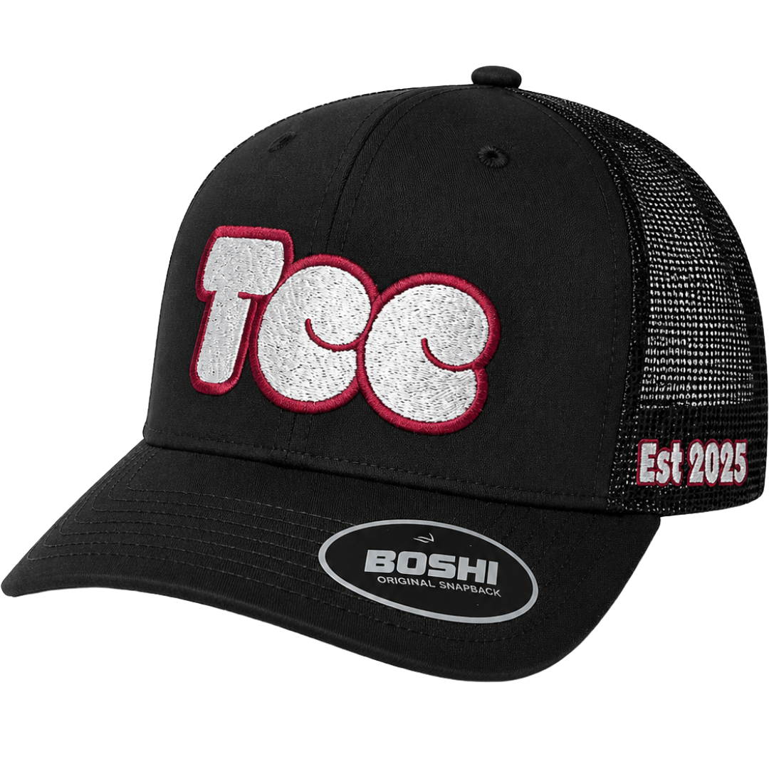 TCC Trucker Cap – Black / Burgundy Outline Bubble Logo